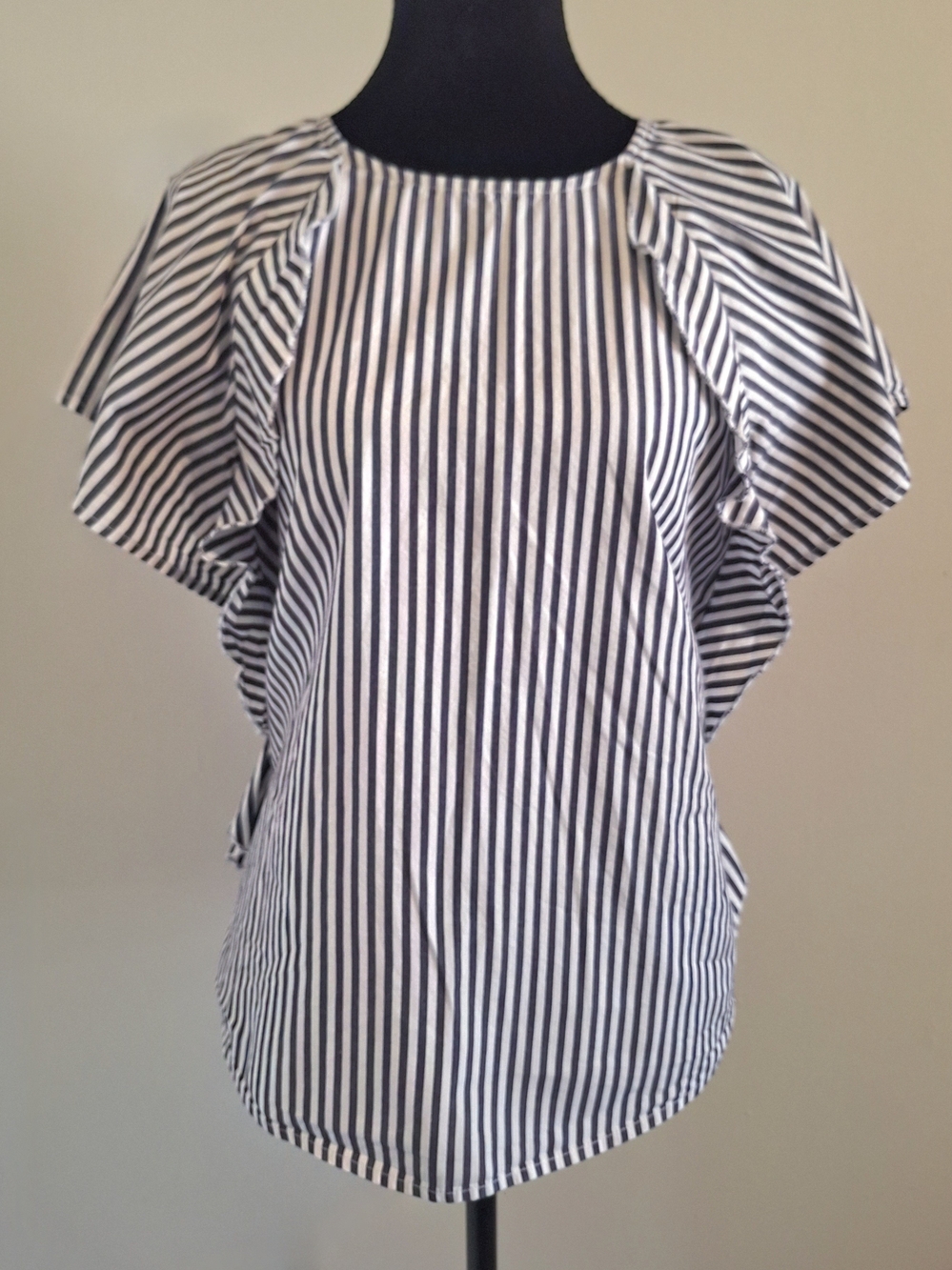 Saks Fifth Avenue Navy and White Vertical Stripe Ruffle Sleeve Blouse
